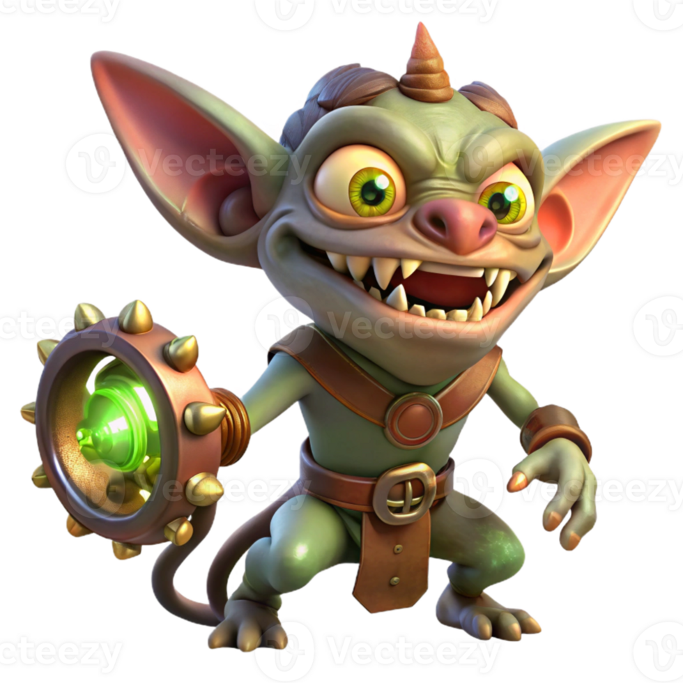 serene modern A mischievous gremlin with sharp teeth, sabotaging a magical device. Steampunk fantasy style high quality png