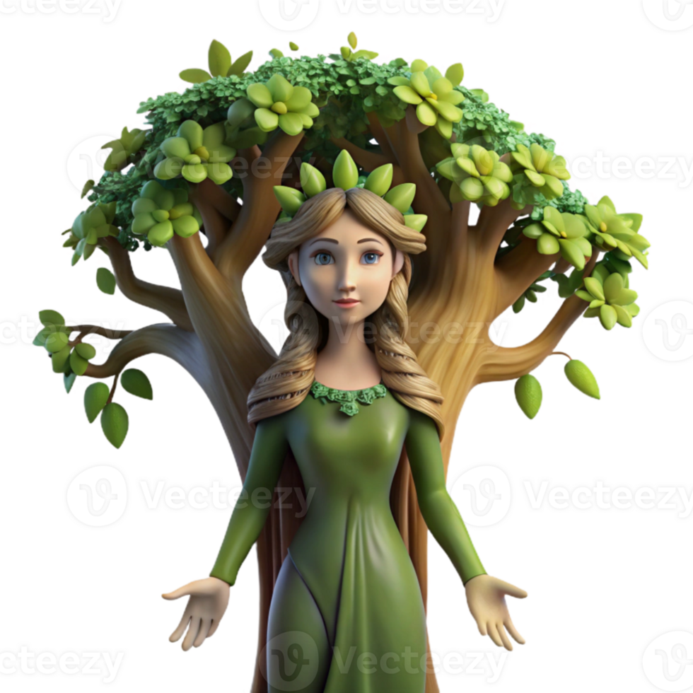 stunning abstract A serene dryad emerging from an ancient oak tree, dappled sunlight filtering through the leaves, in a Pre-Raphaelite style 4K png