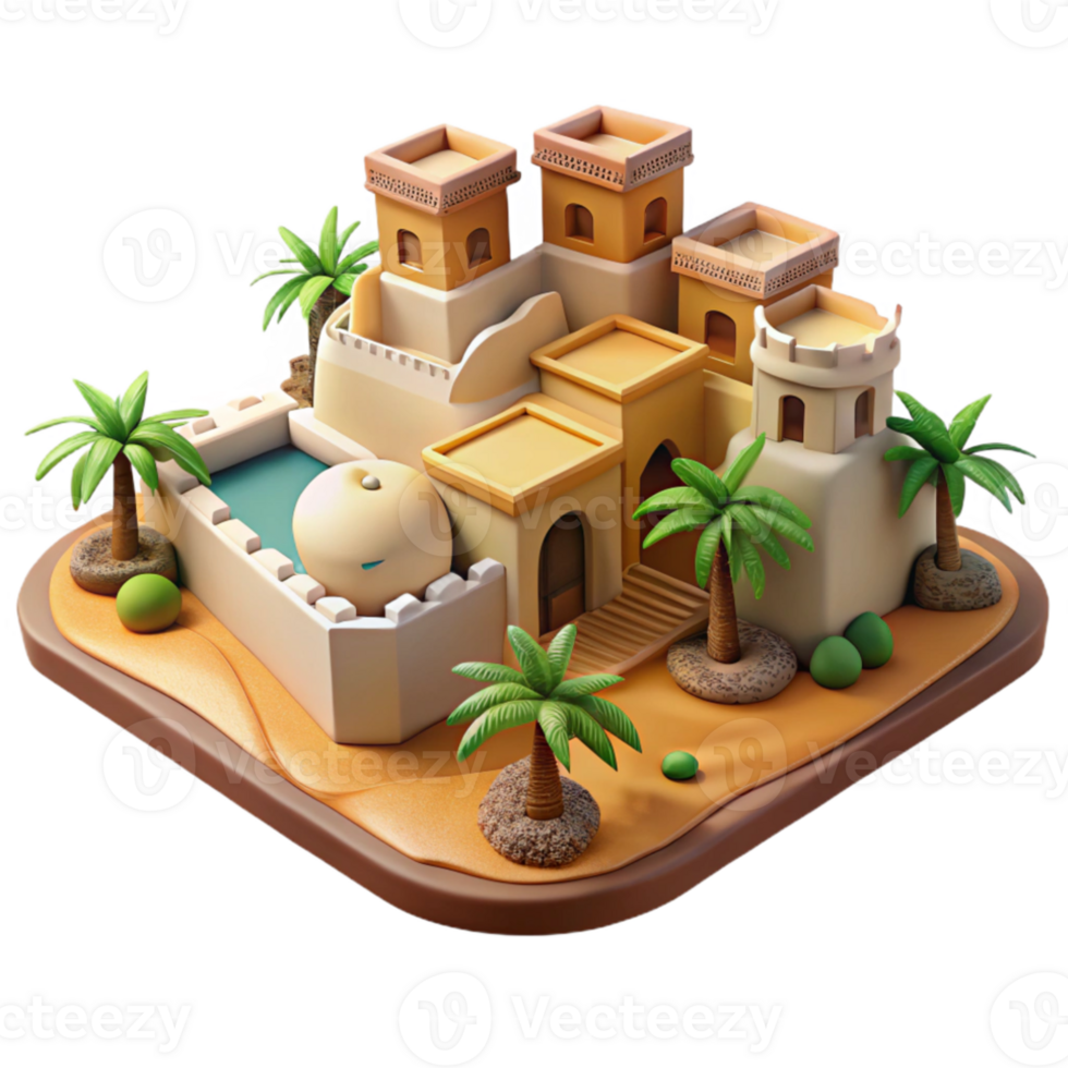 vibrant traditional Desert oasis village, adobe buildings, palm trees, bright sunlight, Middle Eastern style, original png