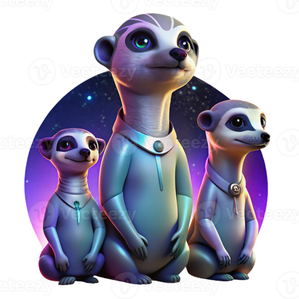 wonderful minimalist A family of meerkats stargazing, celestial neon lighting, cyberpunk style 4K png