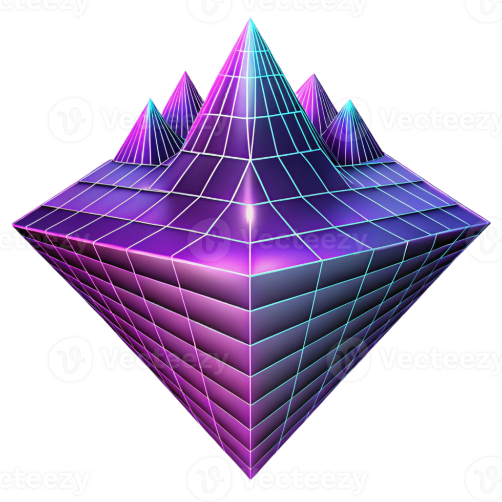dramatic minimalist Geometric fractals cascading down in a gradient from vibrant magenta to deep violet, backlit by a grid of neon turquoise lines. Synthwave style authentic png