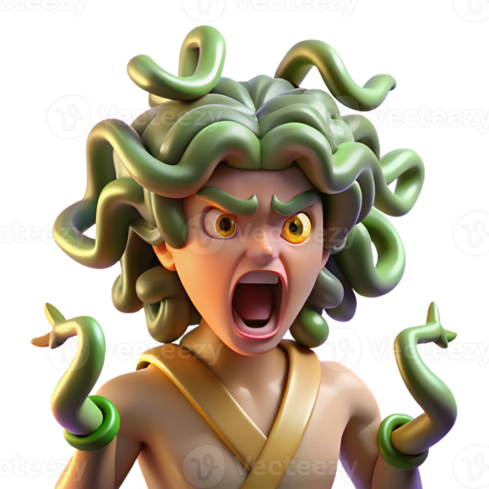 serene minimalist A fearsome gorgon with snakes for hair, turning a warrior to stone, lit by a flash of lightning, in a Greek mythology inspired style genuine png