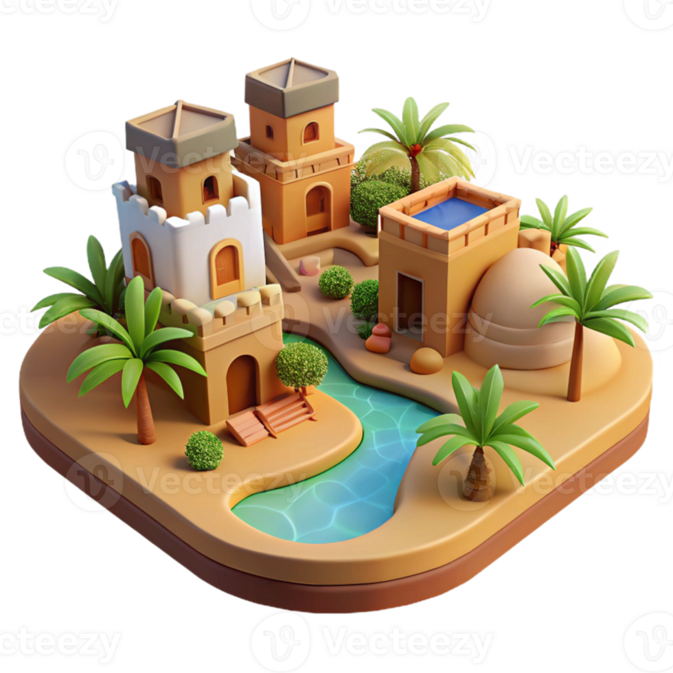 serene abstract Desert oasis village, adobe buildings, palm trees, bright sunlight, Middle Eastern style, original png