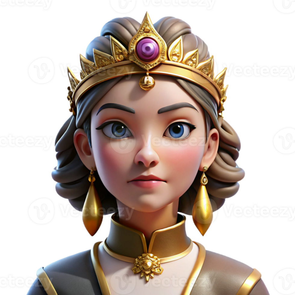 beautiful contemporary Portrait of a regal queen with an elaborate headdress of gold and jewels, a stern expression on her face. Dramatic chiaroscuro lighting high resolution png