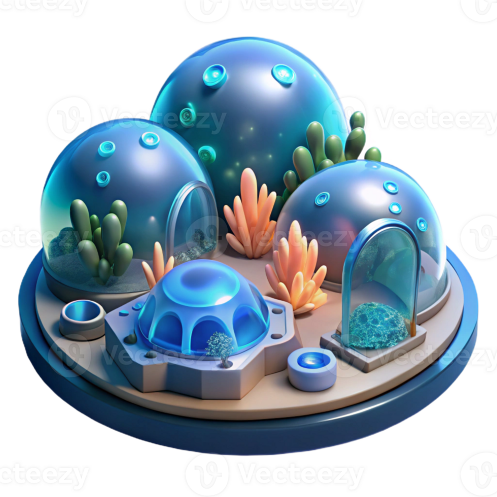 extraordinary rustic Underwater research facility, transparent acrylic domes, bioluminescent coral reefs, deep ocean lighting, photorealistic rendering high quality png