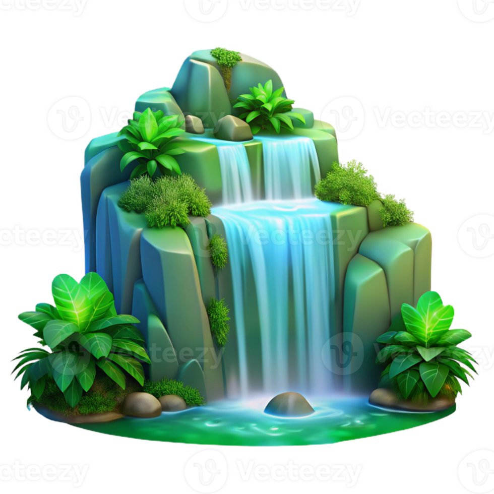 elegant minimalist A cascading waterfall surrounded by lush green foliage, long exposure, misty atmosphere, cool blue and green tones, realistic style, professional png
