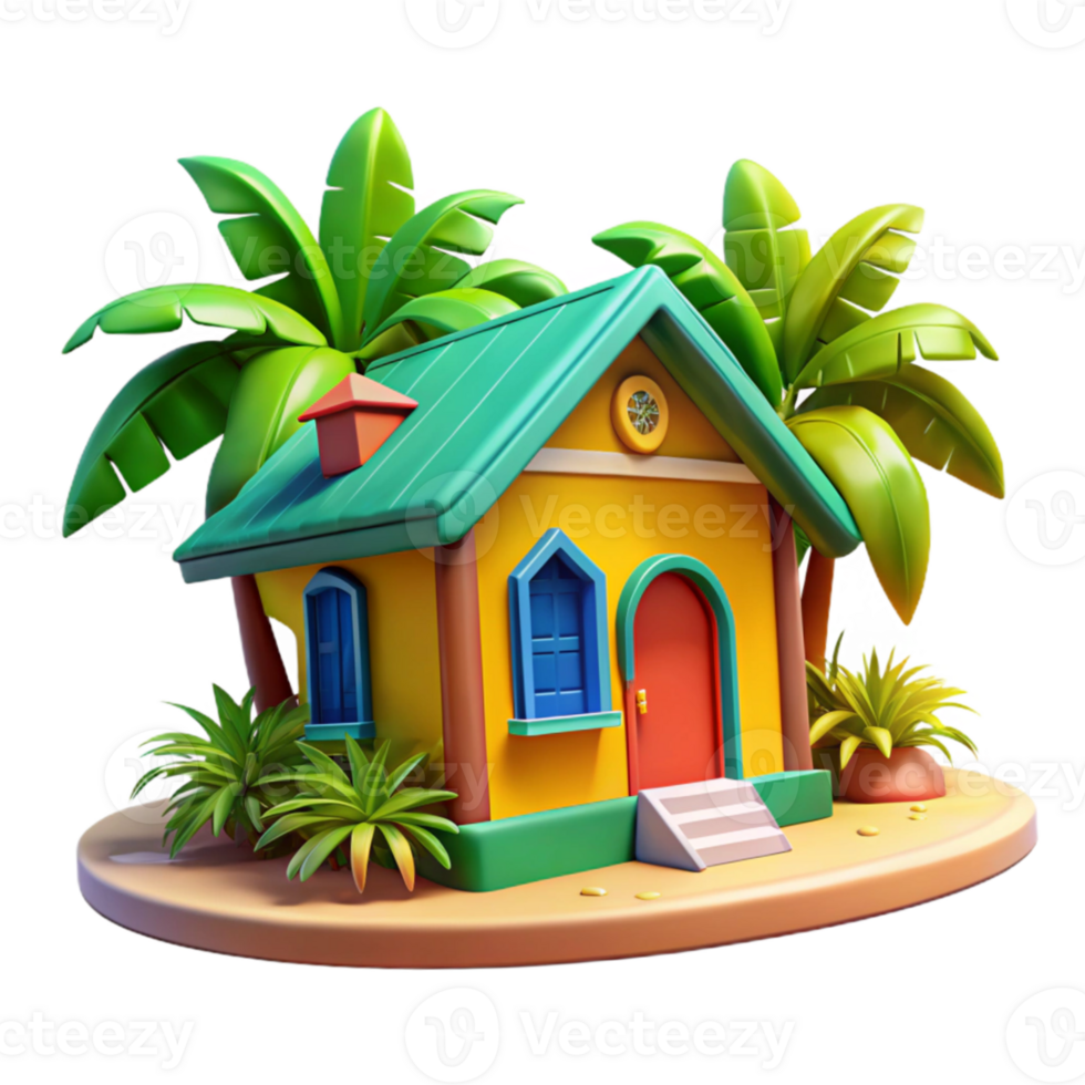dramatic artistic A colorful Caribbean house with vibrant paint and tropical foliage, bright sunlight, cheerful and inviting, digital painting style high quality png