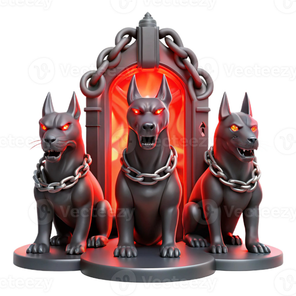 dramatic artistic A three-headed Cerberus guarding the gates of the underworld, bathed in hellish red light, chains rattling. Dark fantasy style high resolution png