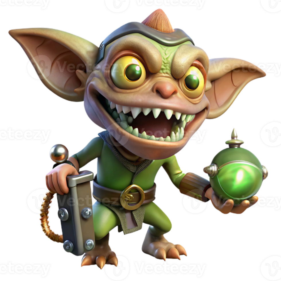 magnificent creative A mischievous gremlin with sharp teeth, sabotaging a magical device. Steampunk fantasy style professional png