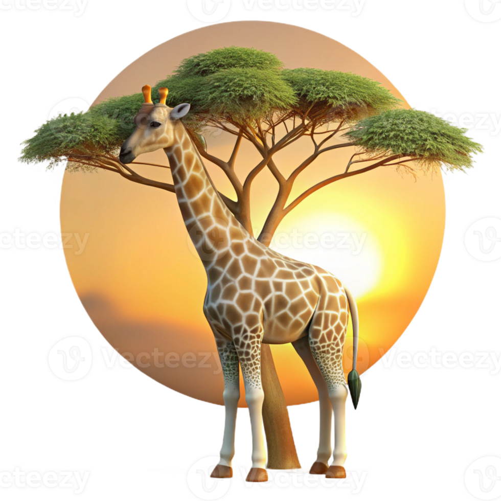 magnificent minimalist A graceful giraffe reaching for leaves on a tall acacia tree, its long neck silhouetted against the setting sun, in a serene, peaceful style genuine png