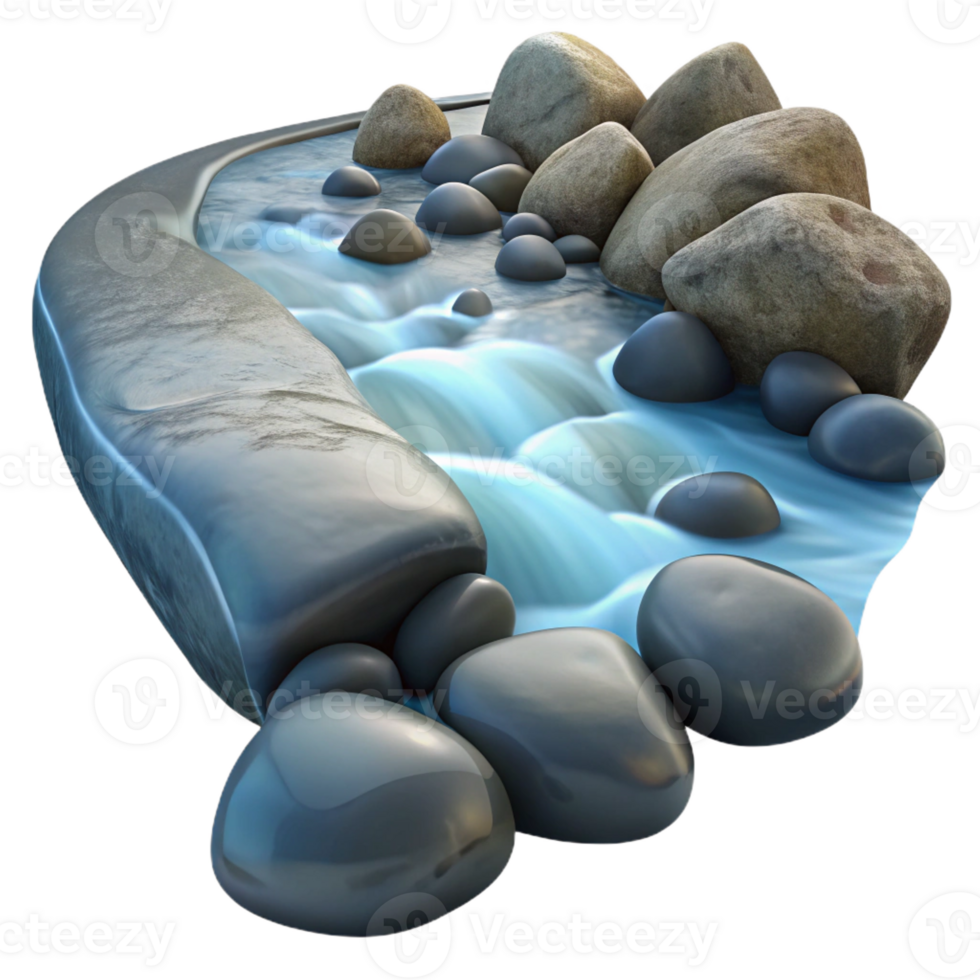 beautiful rustic A babbling brook flowing over smooth stones, long exposure, crystal clear water, natural light, 4K png