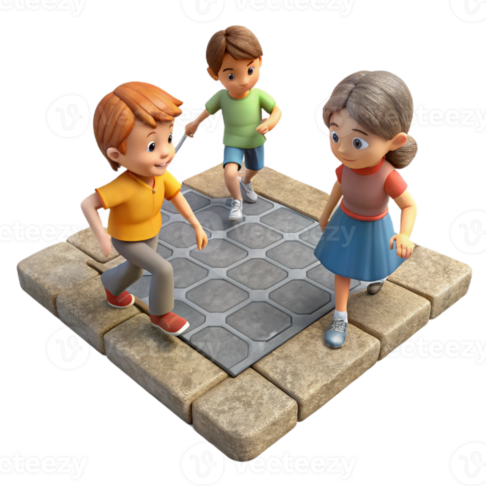 vibrant creative A group of children playing hopscotch on a cobblestone street in 19th-century London, soft, diffused daylight, vintage photograph style exclusive png