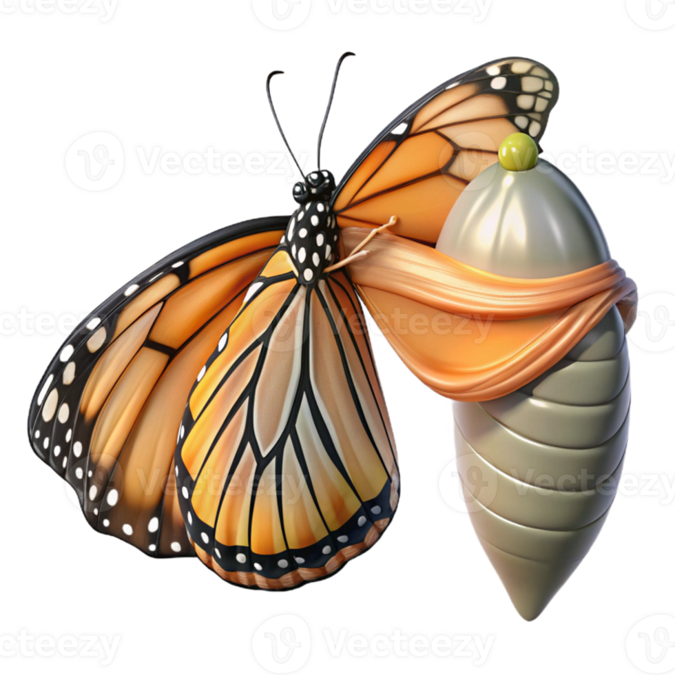 stunning creative A monarch butterfly emerging from its chrysalis, detailed wings, transformative and delicate style professional png