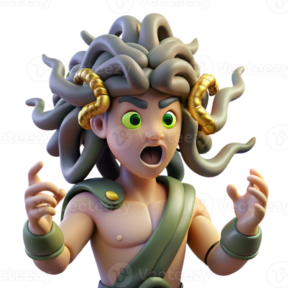 wonderful minimalist A fearsome gorgon with snakes for hair, turning a warrior to stone, lit by a flash of lightning, in a Greek mythology inspired style professional png