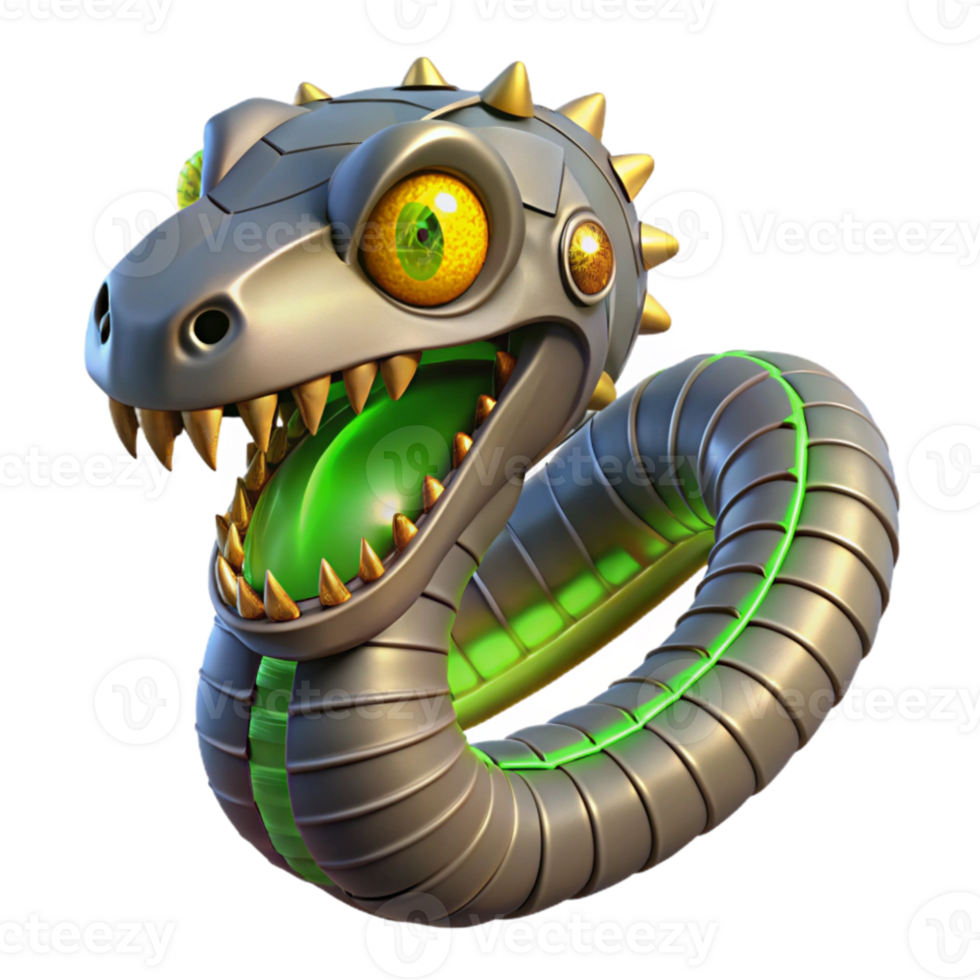 impressive modern A menacing steampunk snake, metallic scales and gears, glowing yellow eyes, eerie green lighting 4K png