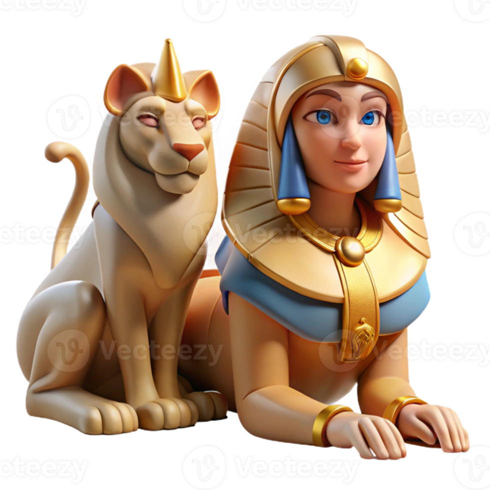dramatic traditional A wise Sphinx with the body of a lion and the head of a woman, posing a riddle in the desert, lit by the harsh midday sun, in a symbolic, ancient Egyptian style authentic png
