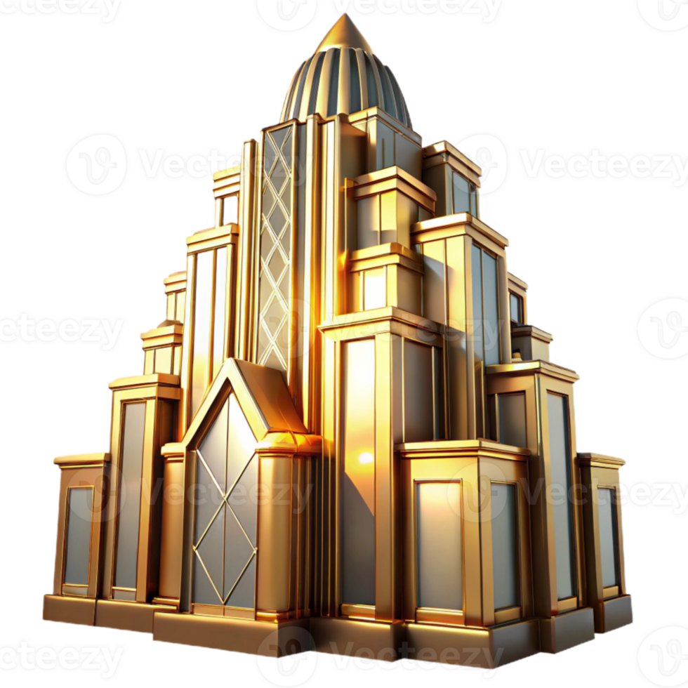 magnificent artistic Art Deco skyscraper, intricate geometric facade, chrome accents, golden hour sunlight, ray tracing, highly detailed, cinematic, detailed png