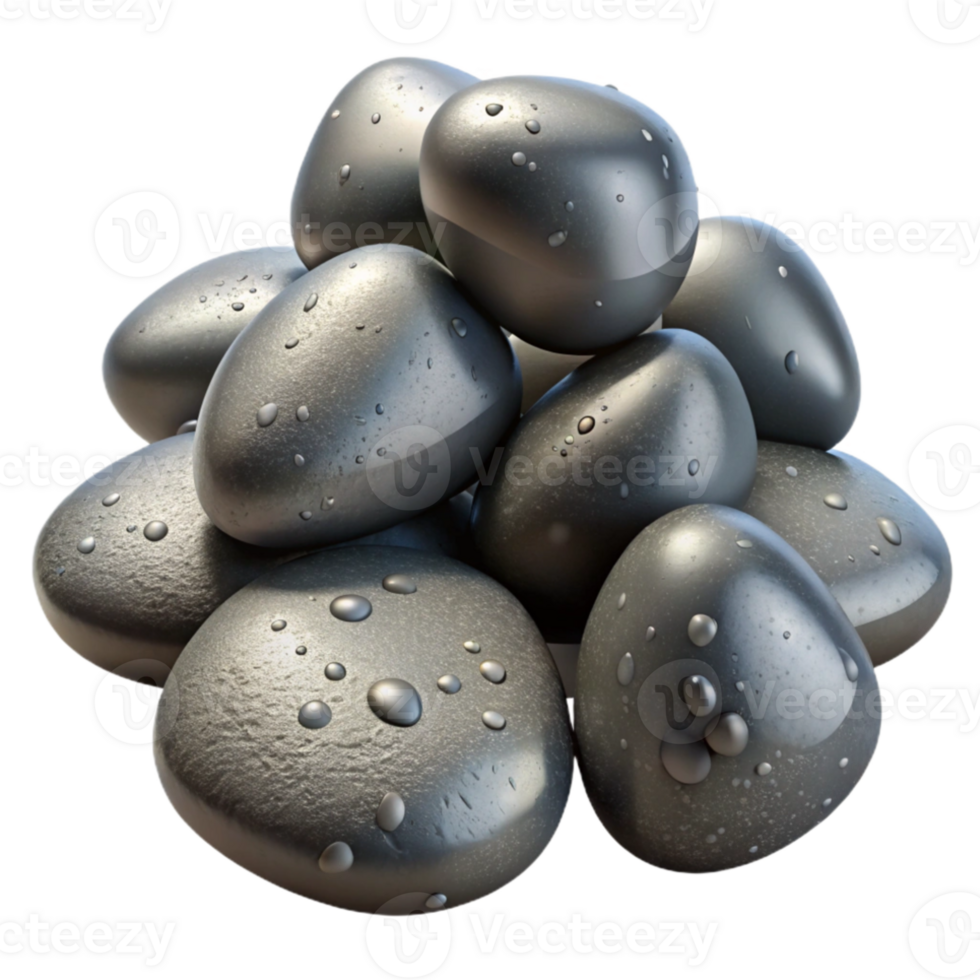 wonderful minimalist A pile of smooth, grey river stones, wet and glistening, realistic textures, studio lighting premium png