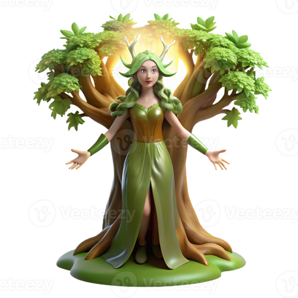 serene contemporary An ethereal dryad emerges from an ancient oak tree, dappled sunlight filtering through the leaves. Art Nouveau style authentic png