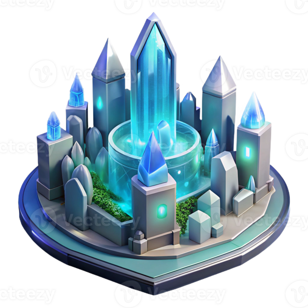 impressive artistic A futuristic cityscape built within a gigantic crystal cavern, glowing crystal structures, soft ambient lighting, art deco style 4K png