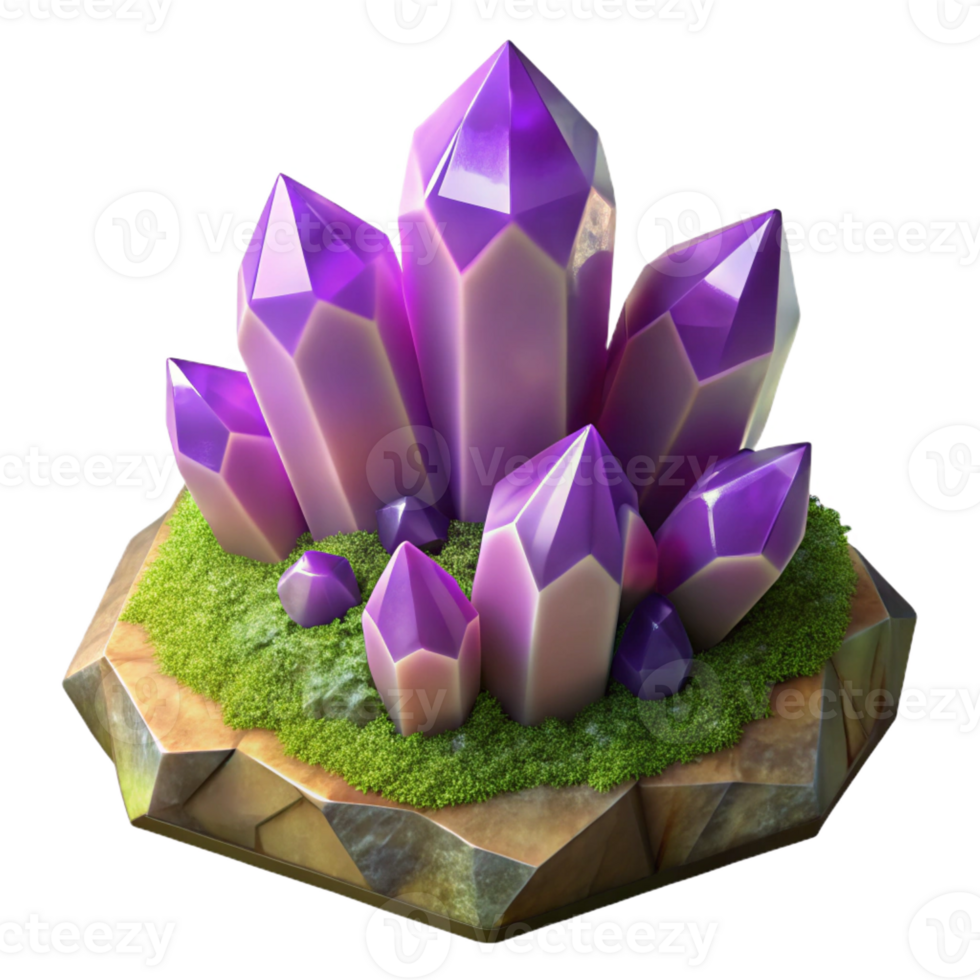 dramatic abstract A cluster of amethyst crystals growing on a mossy rock, soft diffuse lighting, ethereal, fantasy style, intricate details, original png