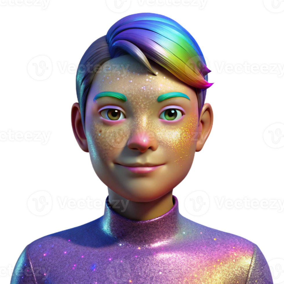 vibrant vintage Portrait of a person with their face covered in glitter, reflecting rainbow light, lit by bright, colorful lights, in a festive style detailed png