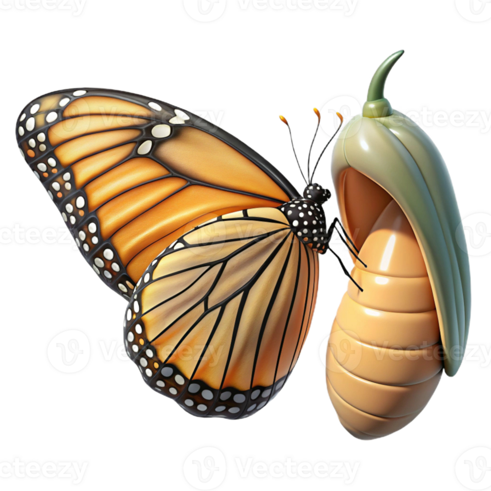 impressive vintage A monarch butterfly emerging from its chrysalis, detailed wings, transformative and delicate style 4K png
