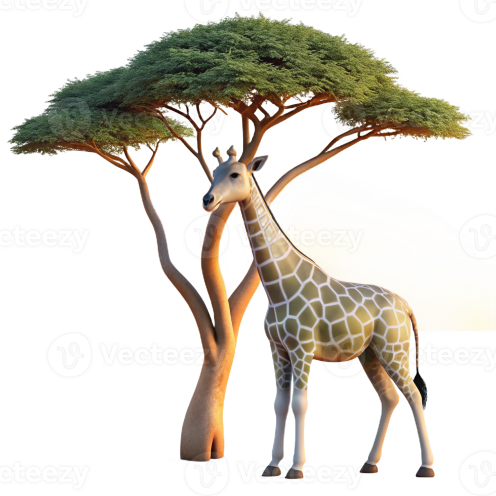impressive artistic A graceful giraffe reaching for leaves on a tall acacia tree, its long neck silhouetted against the setting sun, in a serene, peaceful style high quality png