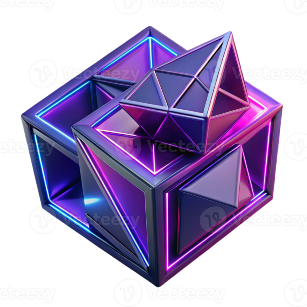 stunning minimalist Fractured geometric shapes in shades of deep indigo and vibrant fuchsia, with sharp, neon outlines and a dramatic chiaroscuro lighting effect, in a Cubist style exclusive png