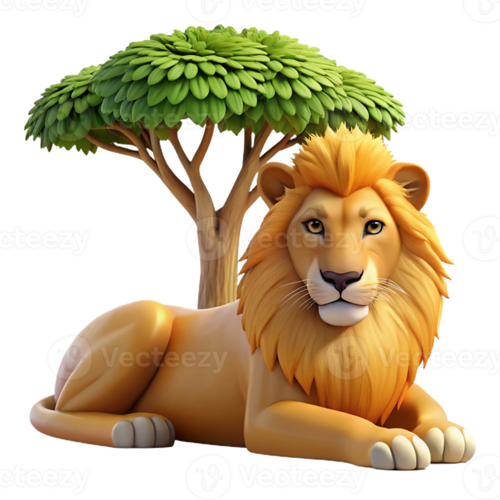 impressive abstract A regal lion resting in the shade of an acacia tree, depicted in a realistic style with warm, golden light and intricate fur detail authentic png