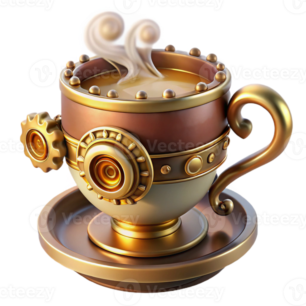dramatic traditional A whimsical steampunk teacup, porcelain with brass accents and gears, steam rising from the hot tea, warm, inviting lighting authentic png