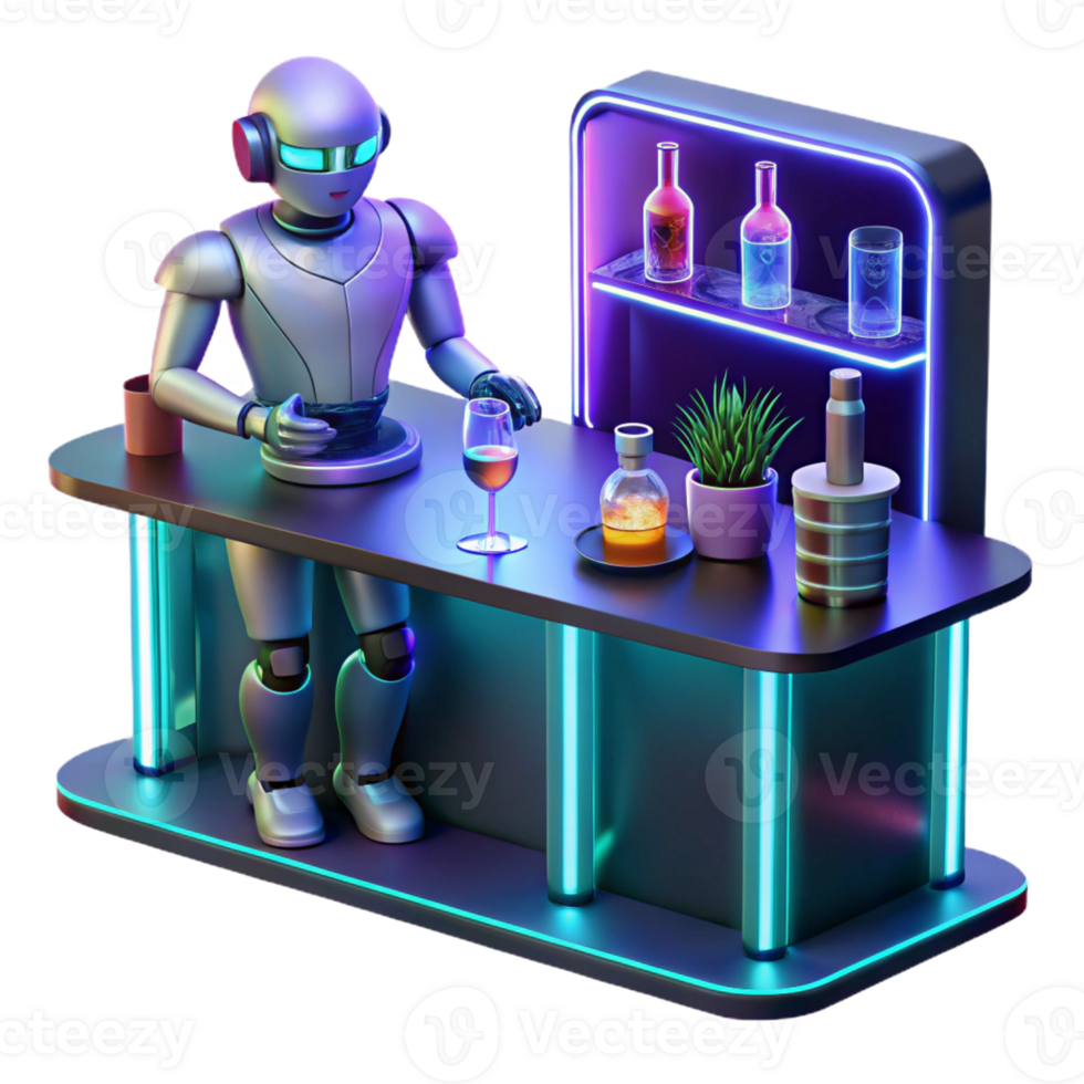 beautiful contemporary A robotic bartender serving drinks in a futuristic bar, neon signs and holographic projections, cyberpunk style, low-key lighting detailed png