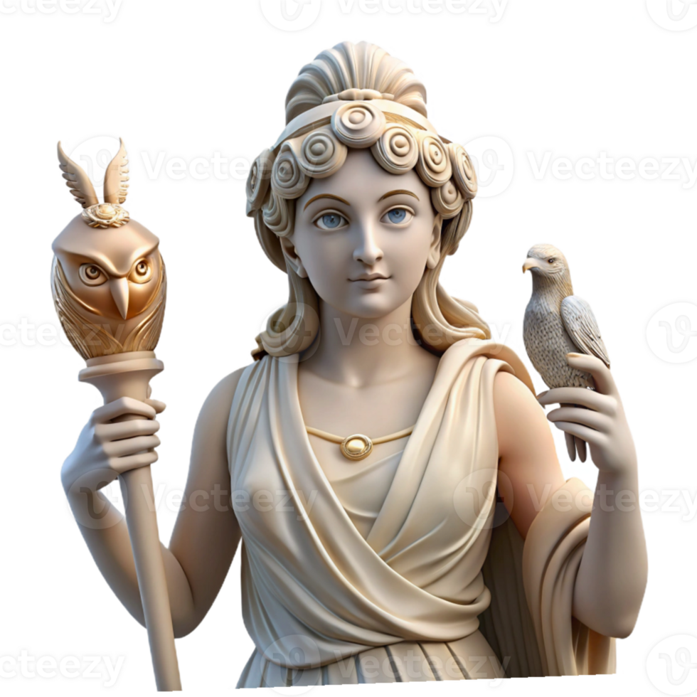 dramatic vintage A wise Greek goddess Athena holding an owl, classical Greek sculpture style, marble texture, serene expression, flowing drapery genuine png