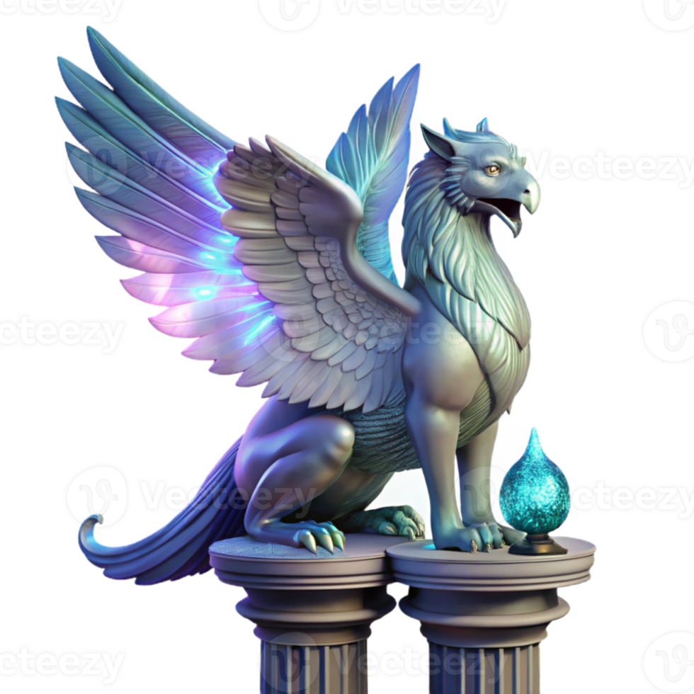 impressive artistic A majestic griffin with iridescent feathers, perched atop a crumbling marble pillar, illuminated by a single beam of ethereal moonlight, Art Nouveau style exclusive png
