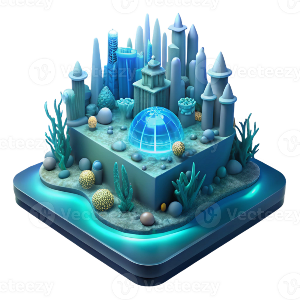 magnificent rustic Submerged underwater city, bioluminescent coral structures, deep ocean lighting, ethereal atmosphere, fantasy art, 4K png