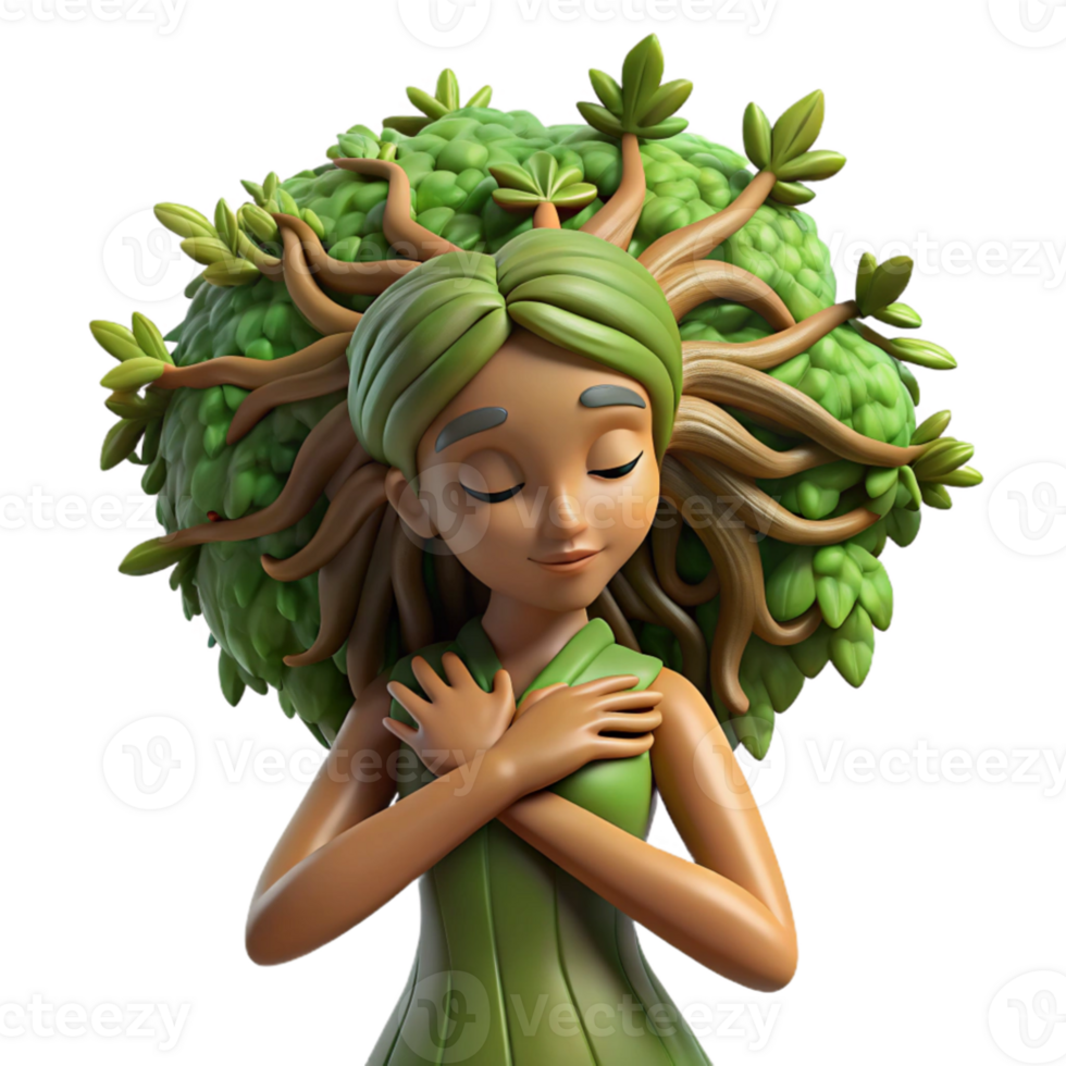 stunning traditional A graceful dryad with bark-like skin and flowing leafy hair, embracing a giant oak tree, lit by dappled sunlight, in an ethereal, painterly style 4K png