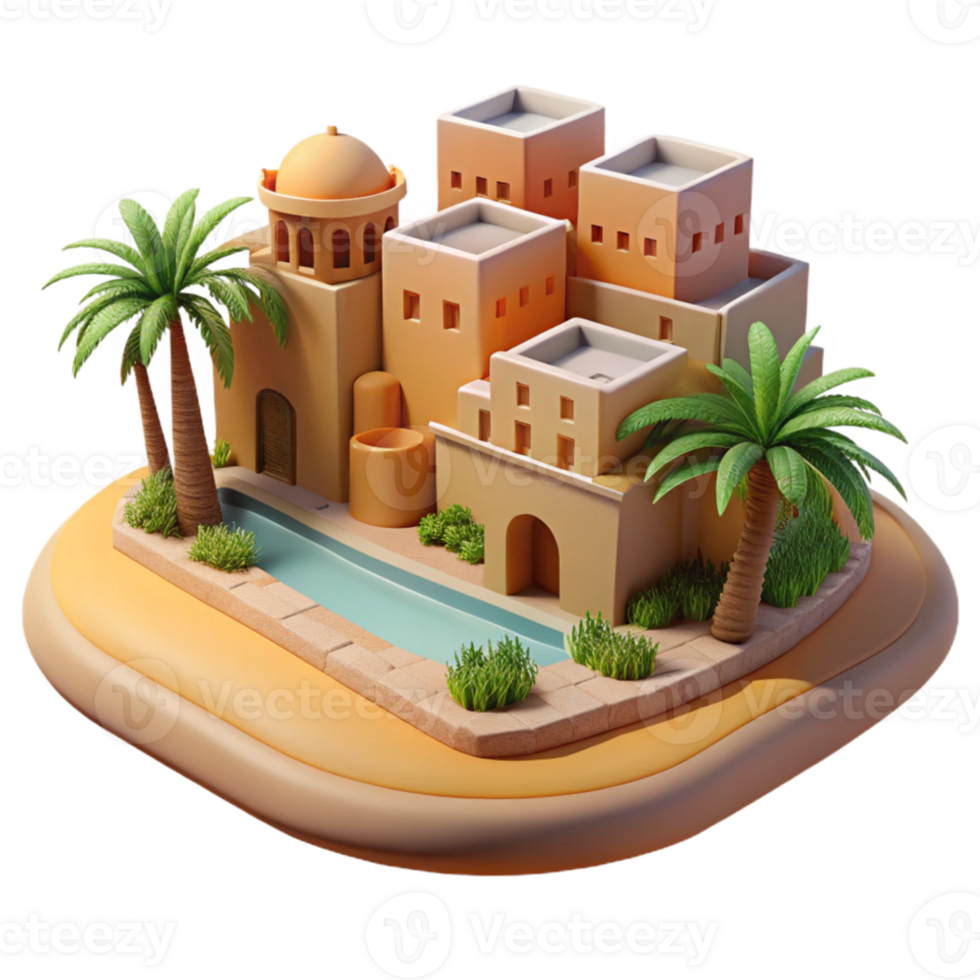 elegant rustic Desert oasis city, adobe buildings, palm trees, midday sun, warm colors, realistic render high quality png