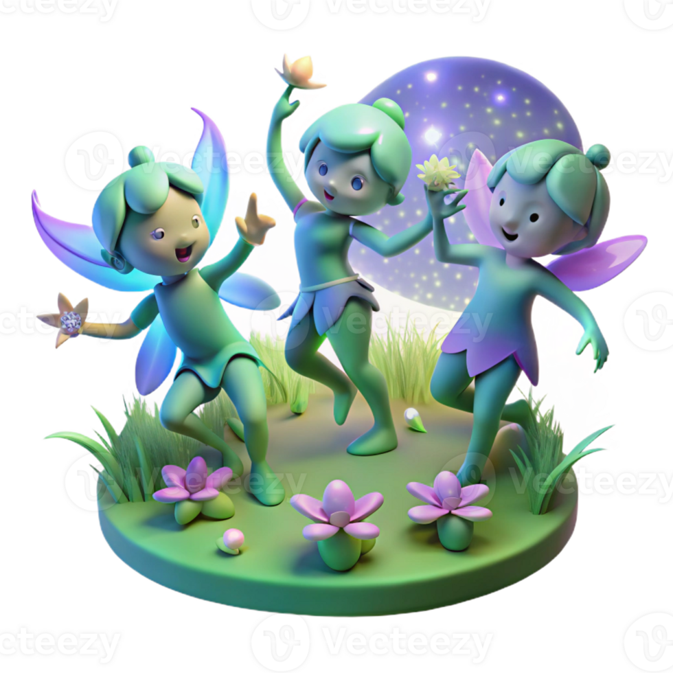 serene contemporary A group of playful pixies dancing in a moonlit meadow, bioluminescent flowers glowing softly. Whimsical style original png