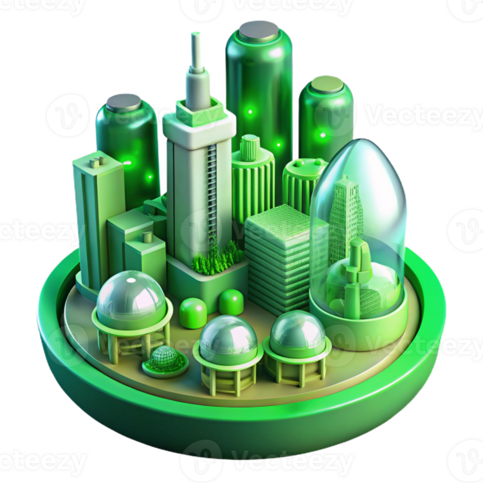 beautiful minimalist A futuristic city powered by renewable energy, vibrant green lighting, utopian style authentic png