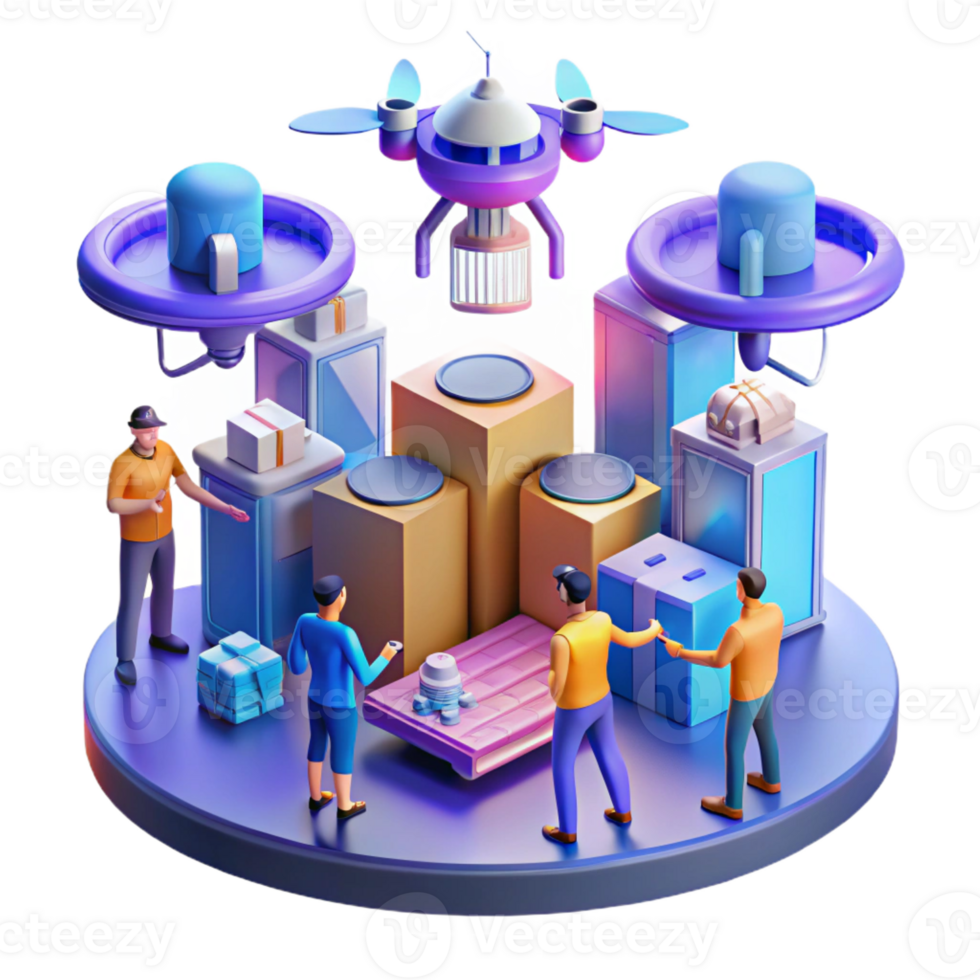 serene modern A bustling futuristic marketplace, filled with hovering drones delivering packages and citizens wearing augmented reality glasses. Cyberpunk style, vibrant lighting premium png