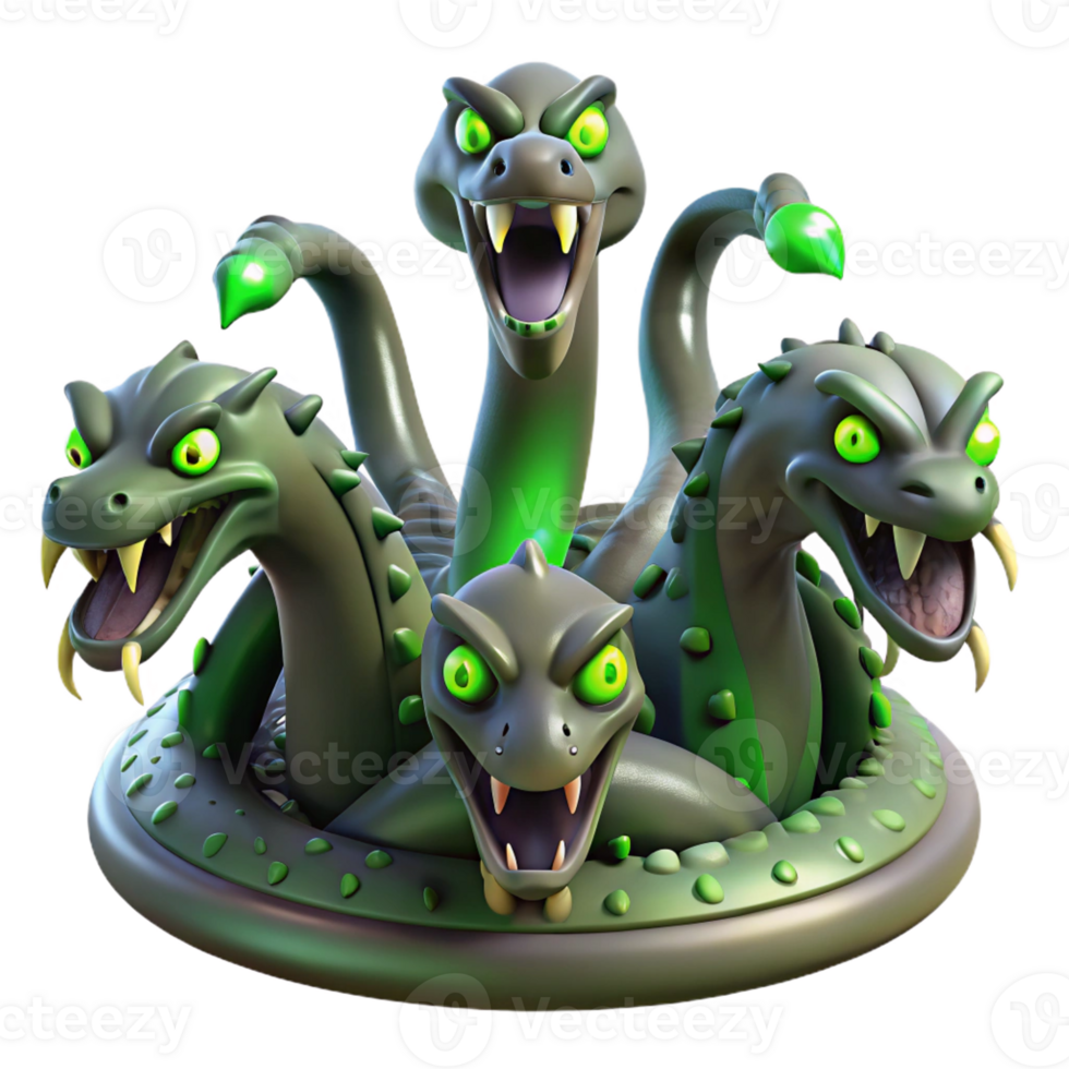 serene creative A menacing, multi-headed hydra rising from a murky swamp, its eyes glowing with venomous green light. Dark, ominous lighting. Concept art style high quality png