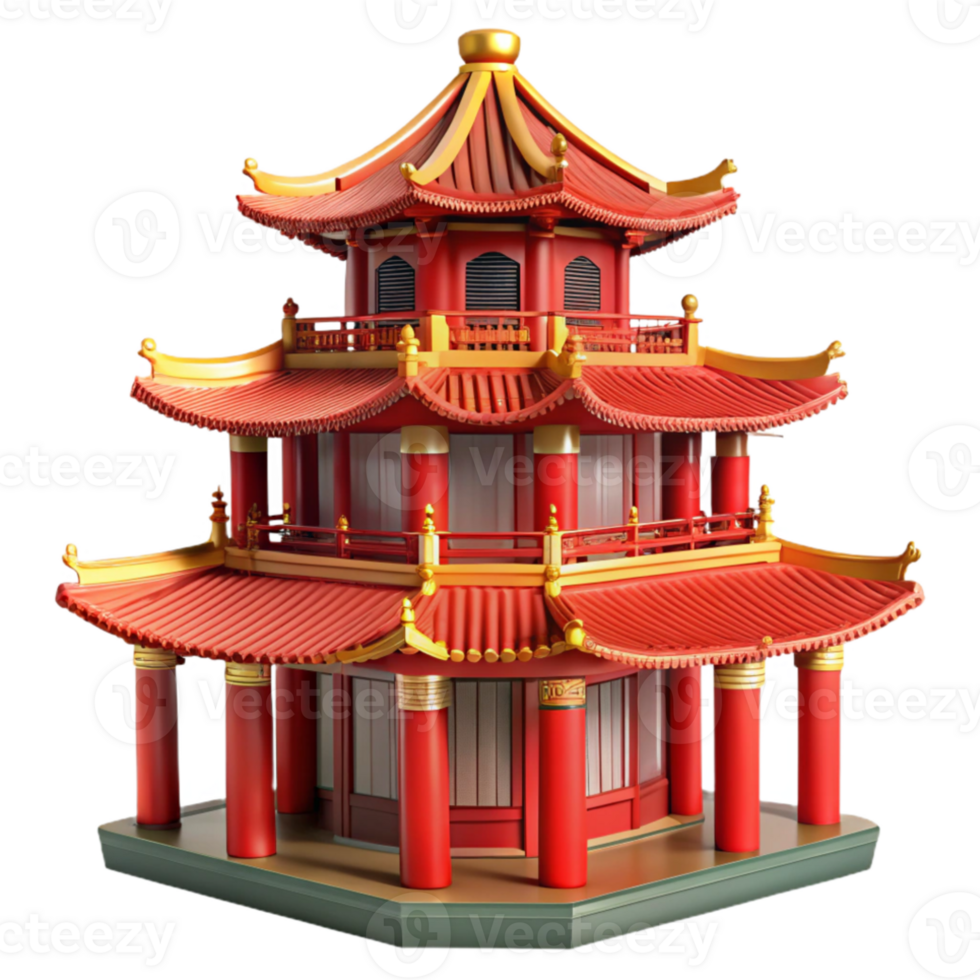 beautiful classic Traditional Chinese pagoda, tiered roof, red and gold details, intricate carvings, oriental style high resolution png