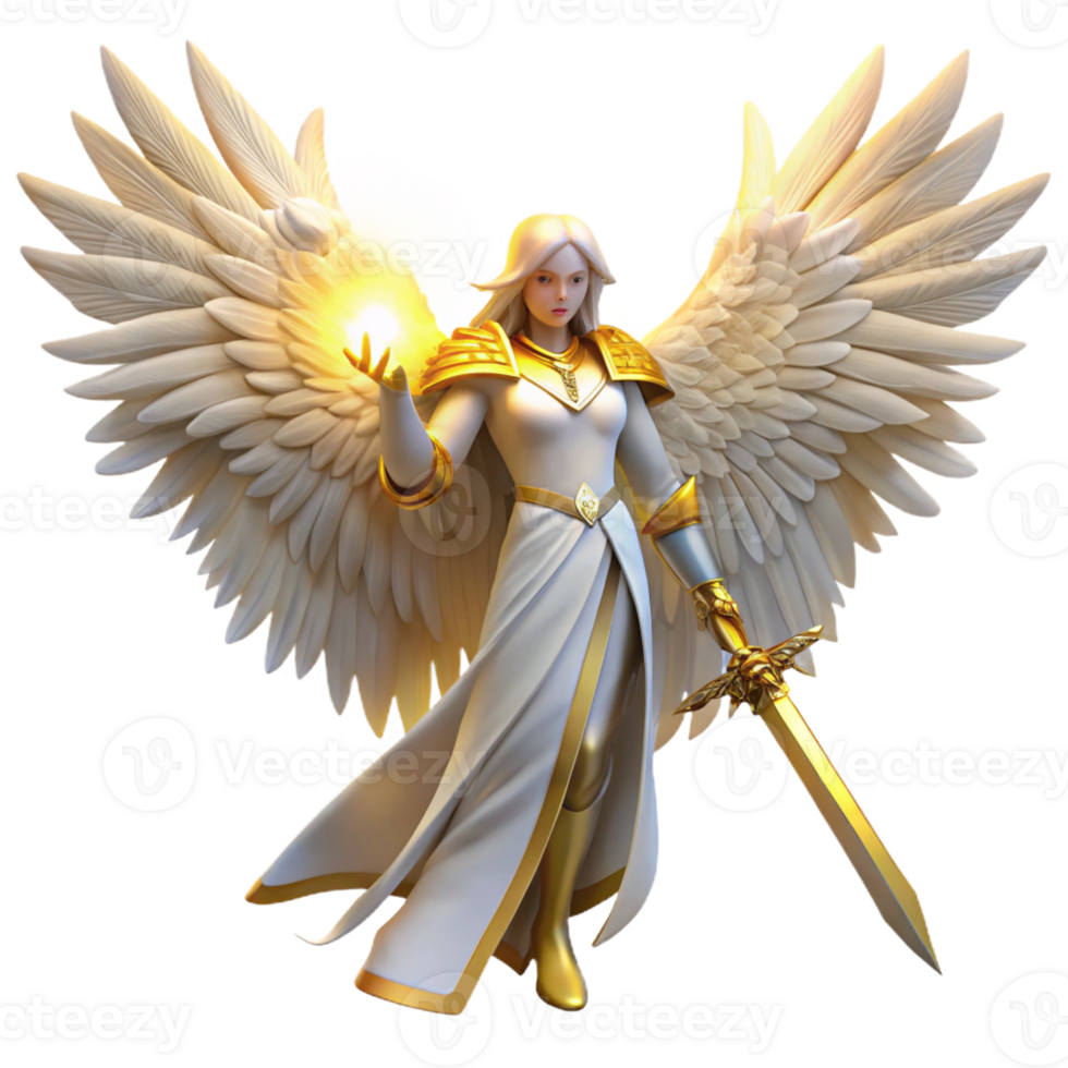 elegant minimalist A powerful, angelic being with feathered wings of pure white, holding a glowing sword, illuminated by a divine, golden light. Angelic art style detailed png