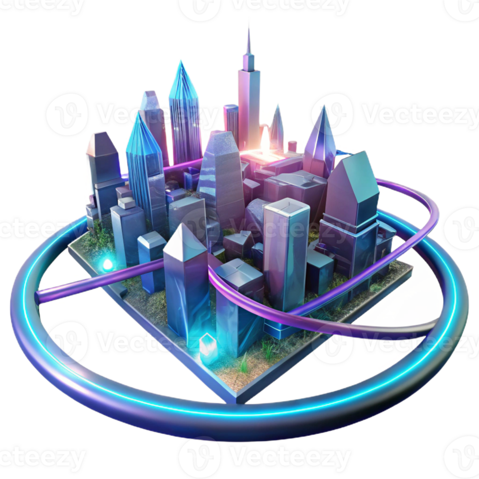 stunning contemporary A futuristic cityscape made of interconnected crystals and neon light trails, illuminated by a pulsating, chromatic glow, Cyberpunk style high quality png