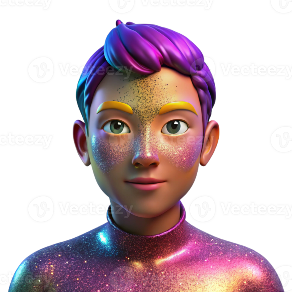 magnificent minimalist Portrait of a person with their face covered in glitter, reflecting rainbow light, lit by bright, colorful lights, in a festive style 4K png