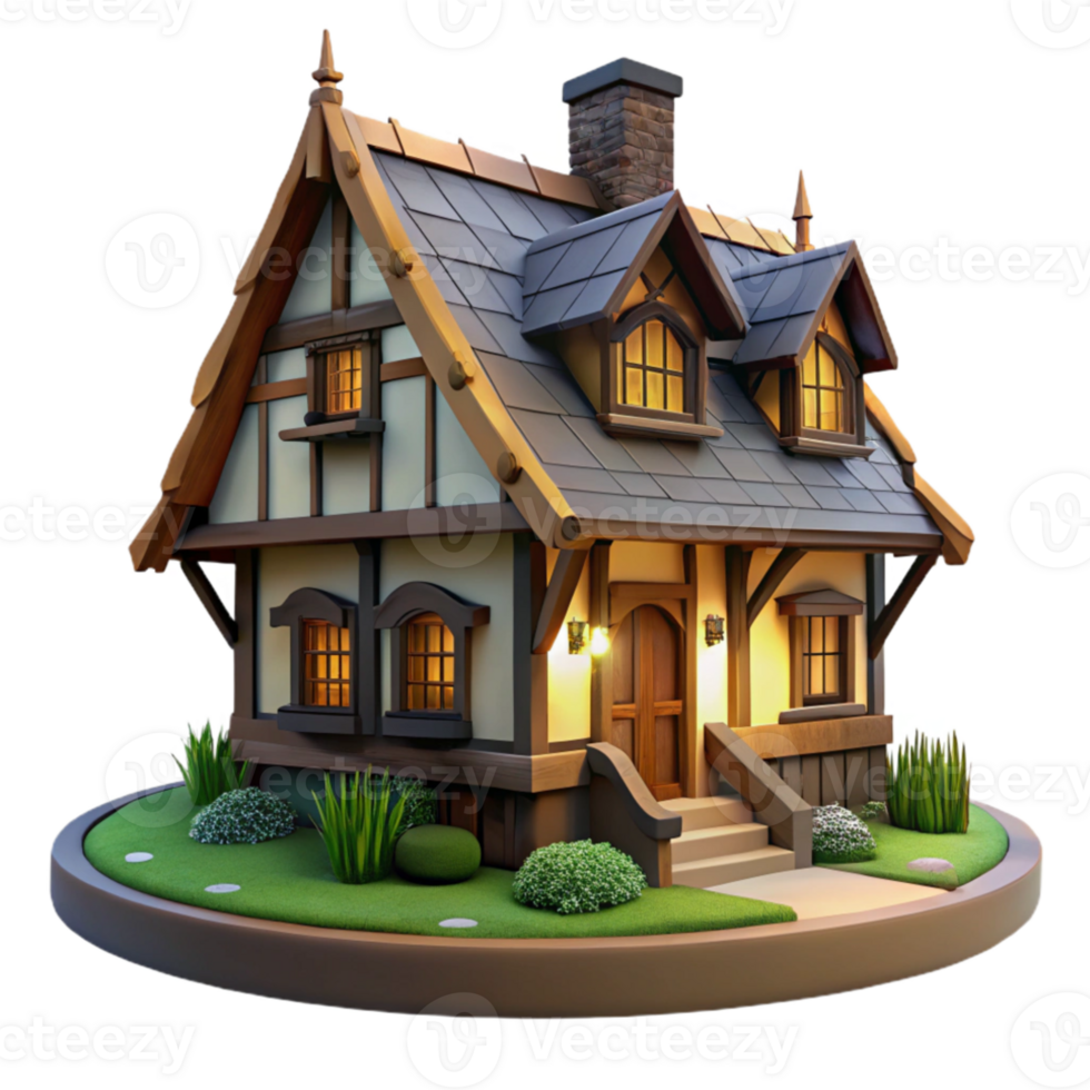 wonderful minimalist Tudor-style cottage, half-timbered walls, thatched roof, garden setting, overcast lighting authentic png