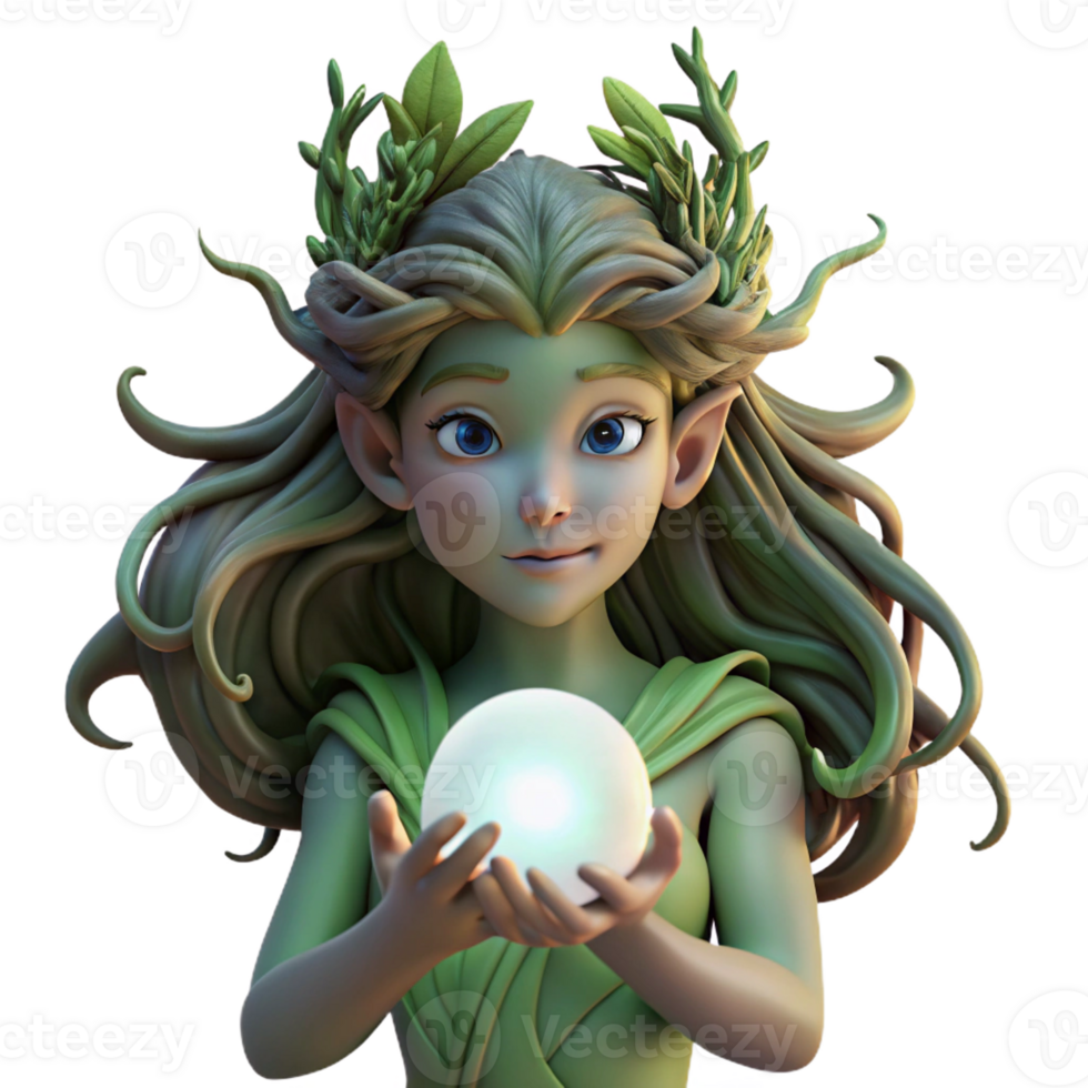 vibrant rustic A serene dryad with bark-like skin and flowing moss hair, cradling a glowing orb, illuminated by soft, ethereal moonlight, in an Art Nouveau style high resolution png