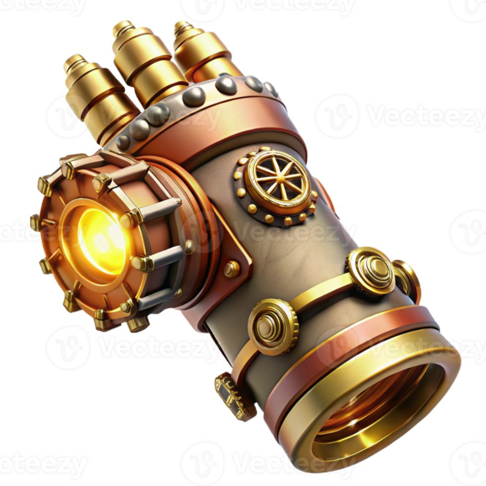 magnificent classic A detailed steampunk gauntlet, brass and copper plating, intricate gears and levers, lit by a bright, focused light 4K png