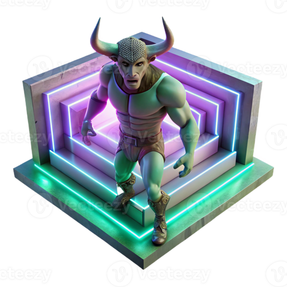 elegant vintage A fearsome Minotaur, with the body of a man and the head of a bull, trapped within a labyrinth of glowing, crystalline walls. Neon lighting. Synthwave style high quality png