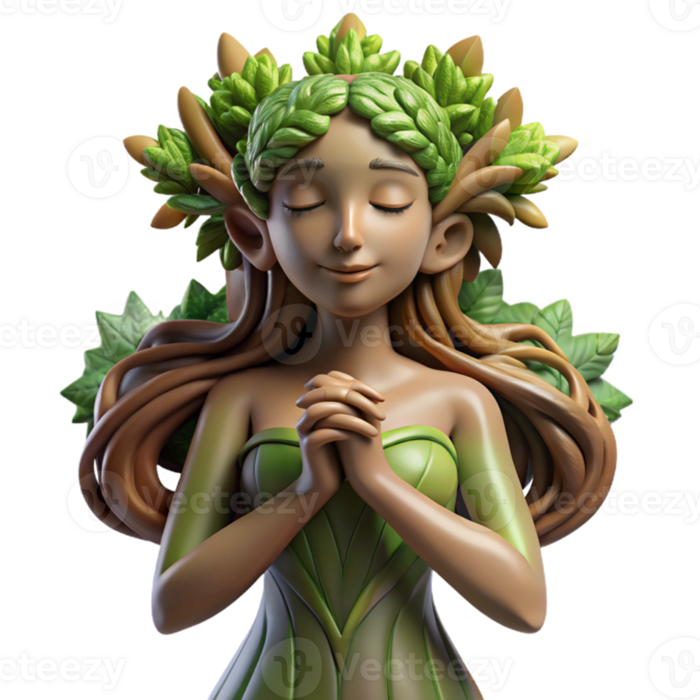magnificent creative A graceful dryad with bark-like skin and flowing leafy hair, embracing a giant oak tree, lit by dappled sunlight, in an ethereal, painterly style 4K png